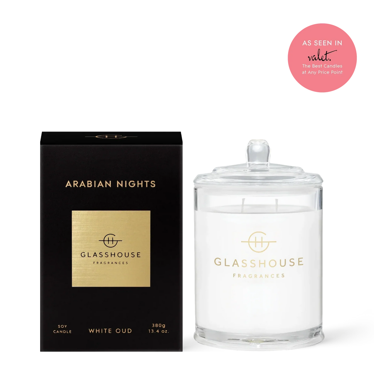 Glasshouse Fragrances Arabian Nights White Oud soy candle with matching black and gold packaging