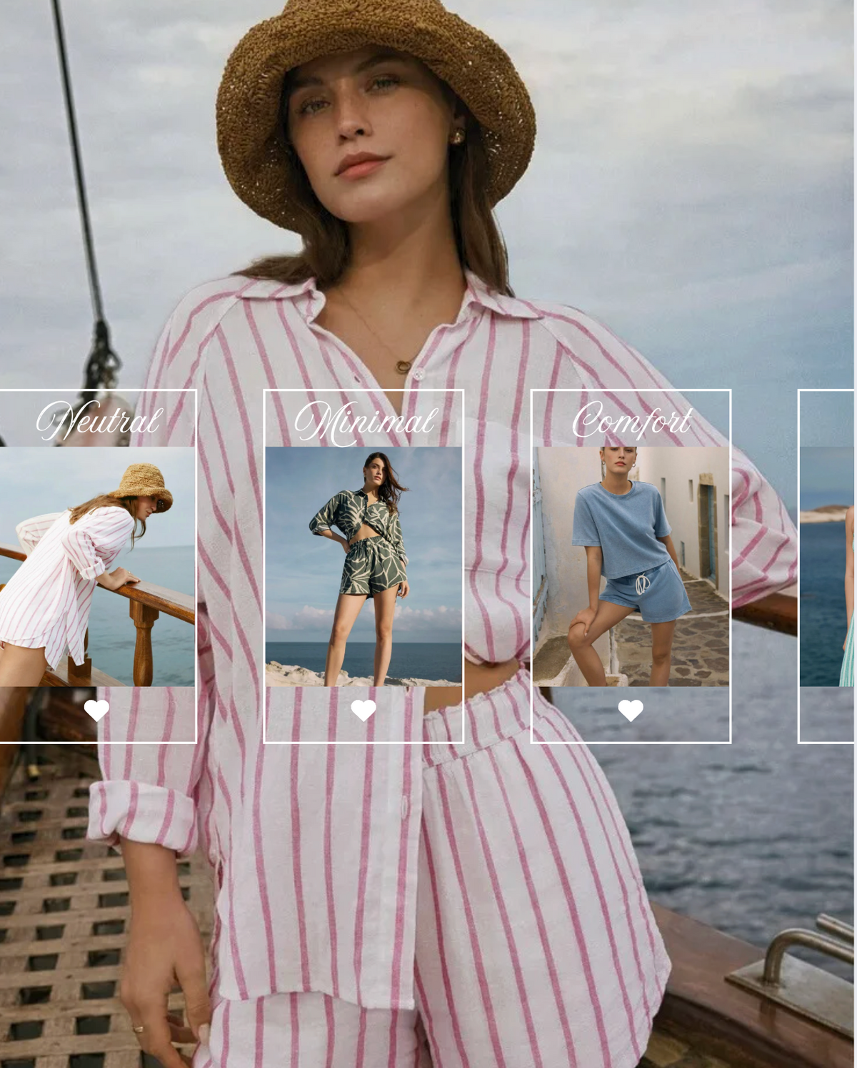 Woman in a pink striped linen set and straw hat on a boat, featuring Z Supply lounge wear.
