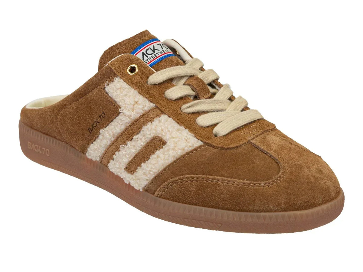 Back 70 Easter mule shoe in tobacco brown suede with cream shearling accents