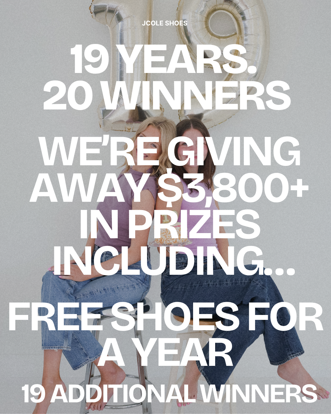 Two women celebrate J.Cole Shoes 19th anniversary giveaway with prizes including free shoes.