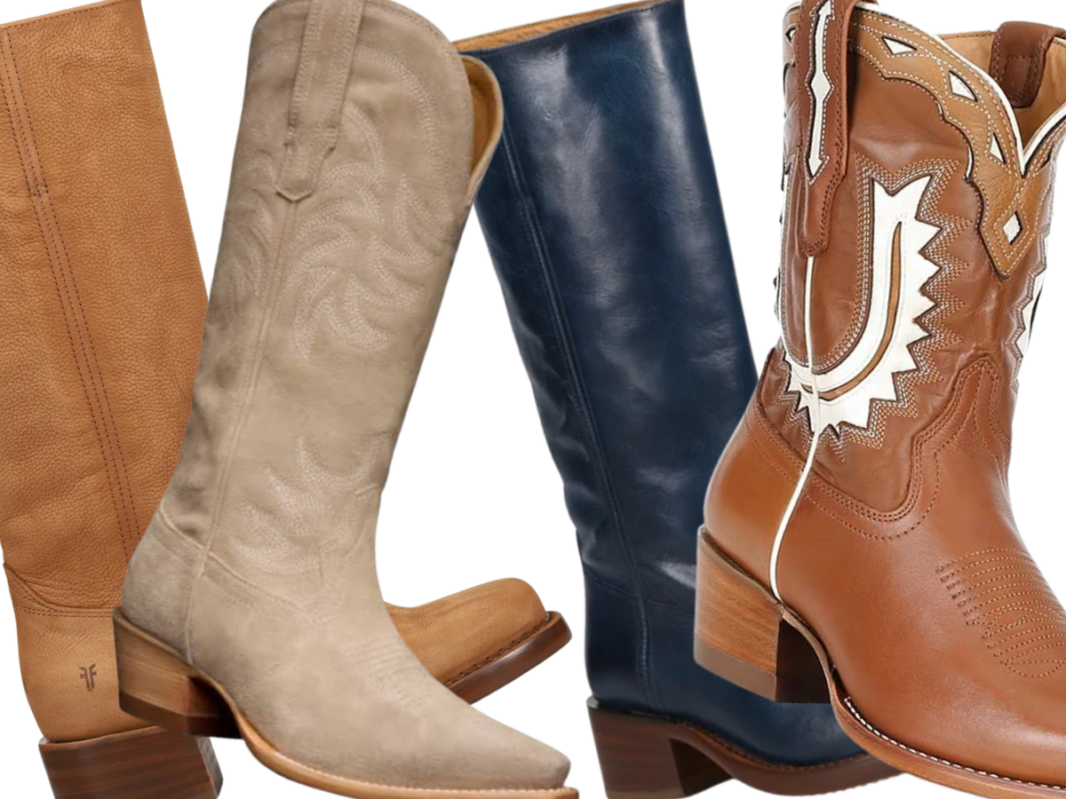 A collection of stylish women's western cowboy boots in tan, beige, and navy blue.