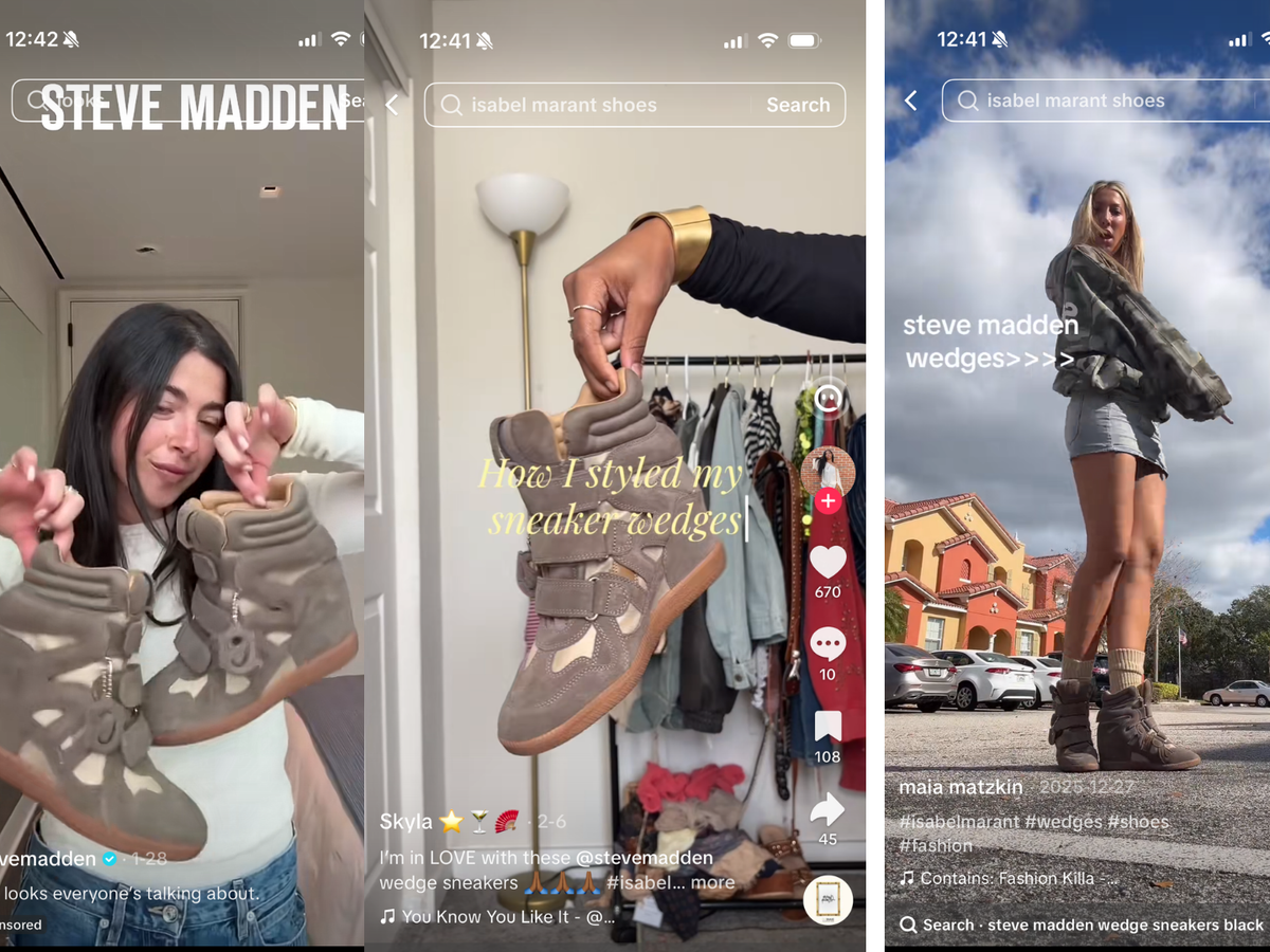Collage showing Steve Madden wedge sneakers being held and worn in different outfits.