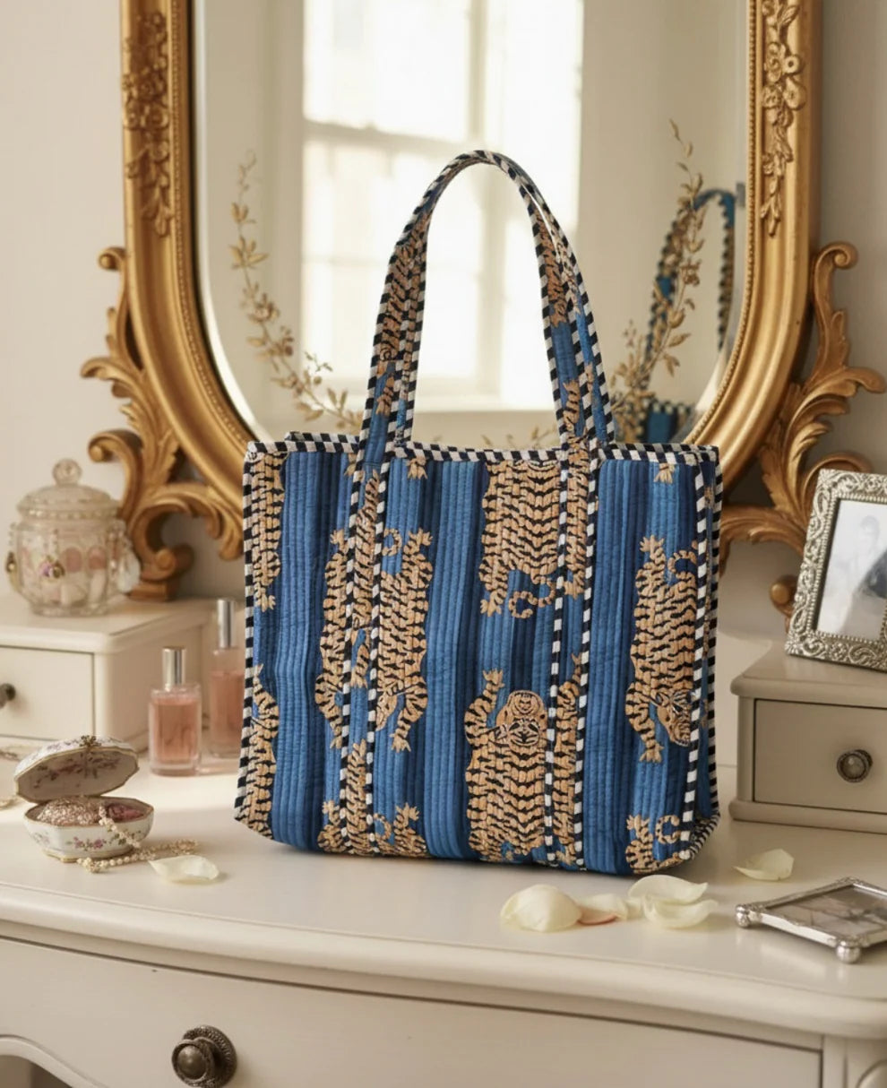 Block Printed Tiger Tote in Navy Blue