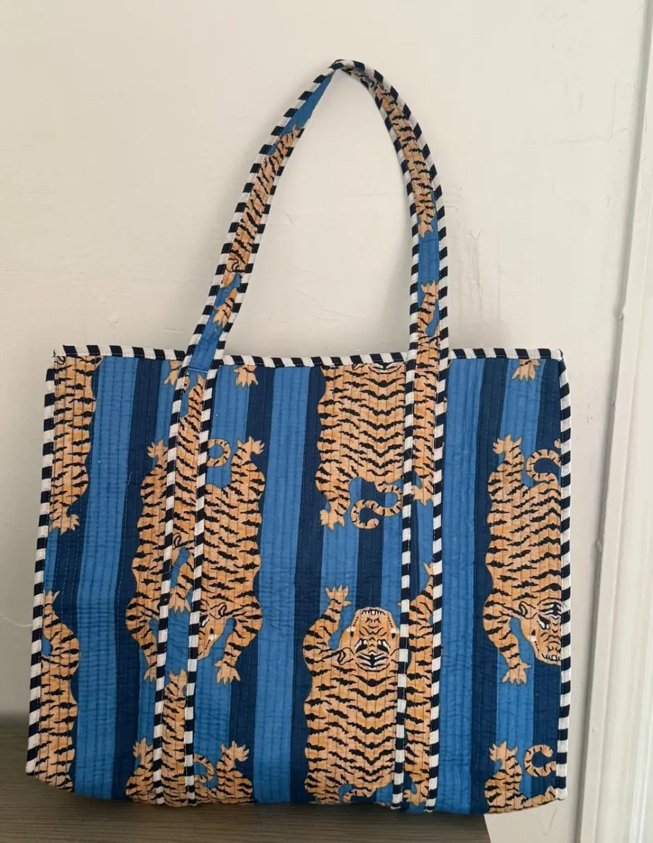 Block Printed Tiger Tote in Navy Blue