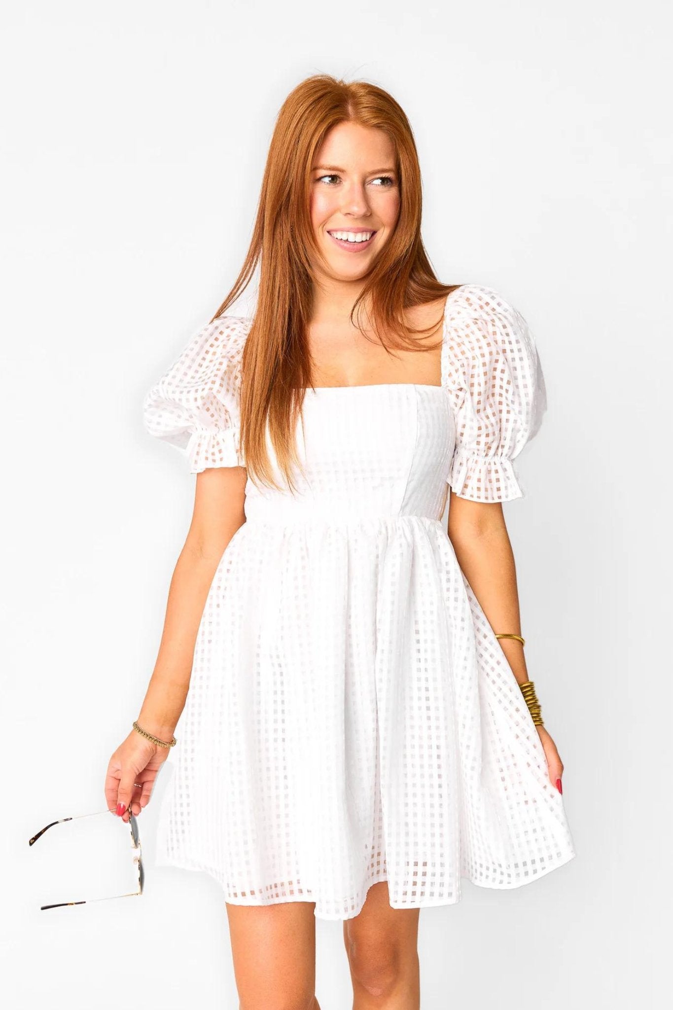 babydoll mini dress Cara Floral Eyelet Flutter Sleeve Babydoll Mini Dress • American Threads Young Women's Fashion Pink / L
