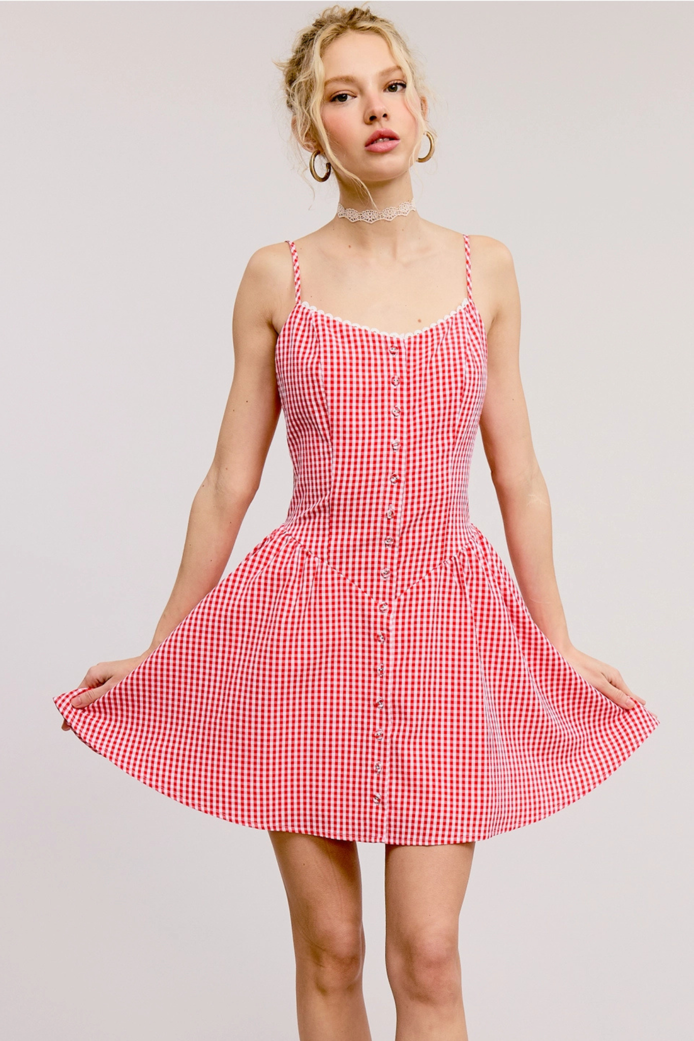 red dresses with shoes Gingham Lace Trim Mini Dress in Red