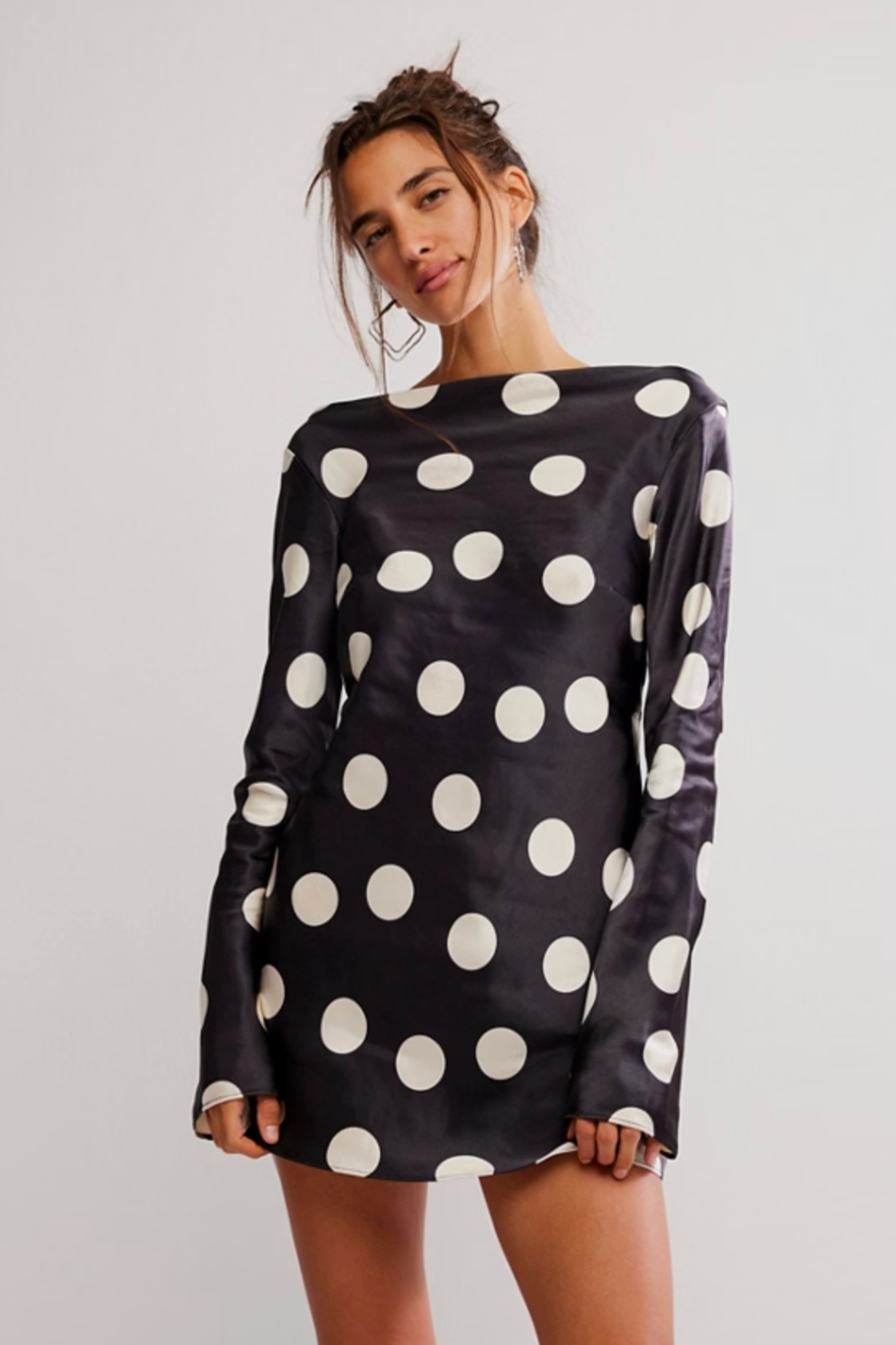 alissea keyhole linen blend mini dress black polka Black Polka Dot Long Sleeve Dolly Mini Dress