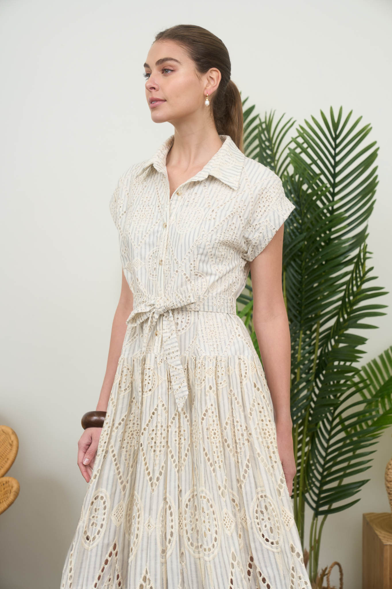 claire midi dress Striped Eyelette Pleated Midi Dress by Zoe & Claire XS / Cream