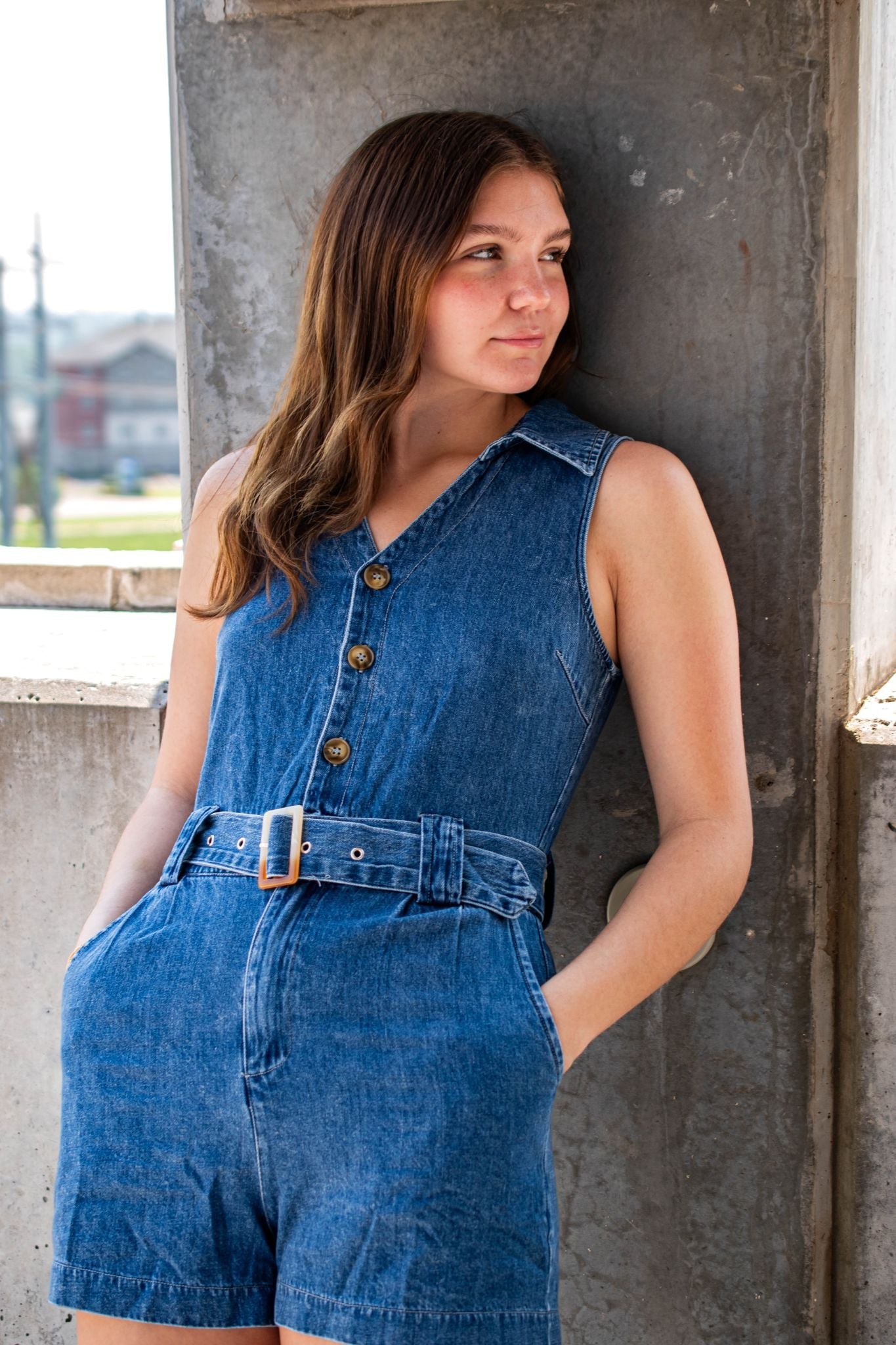Womens Denim Blue Jean Romper Dress Day Moon: Sleeveless Collared