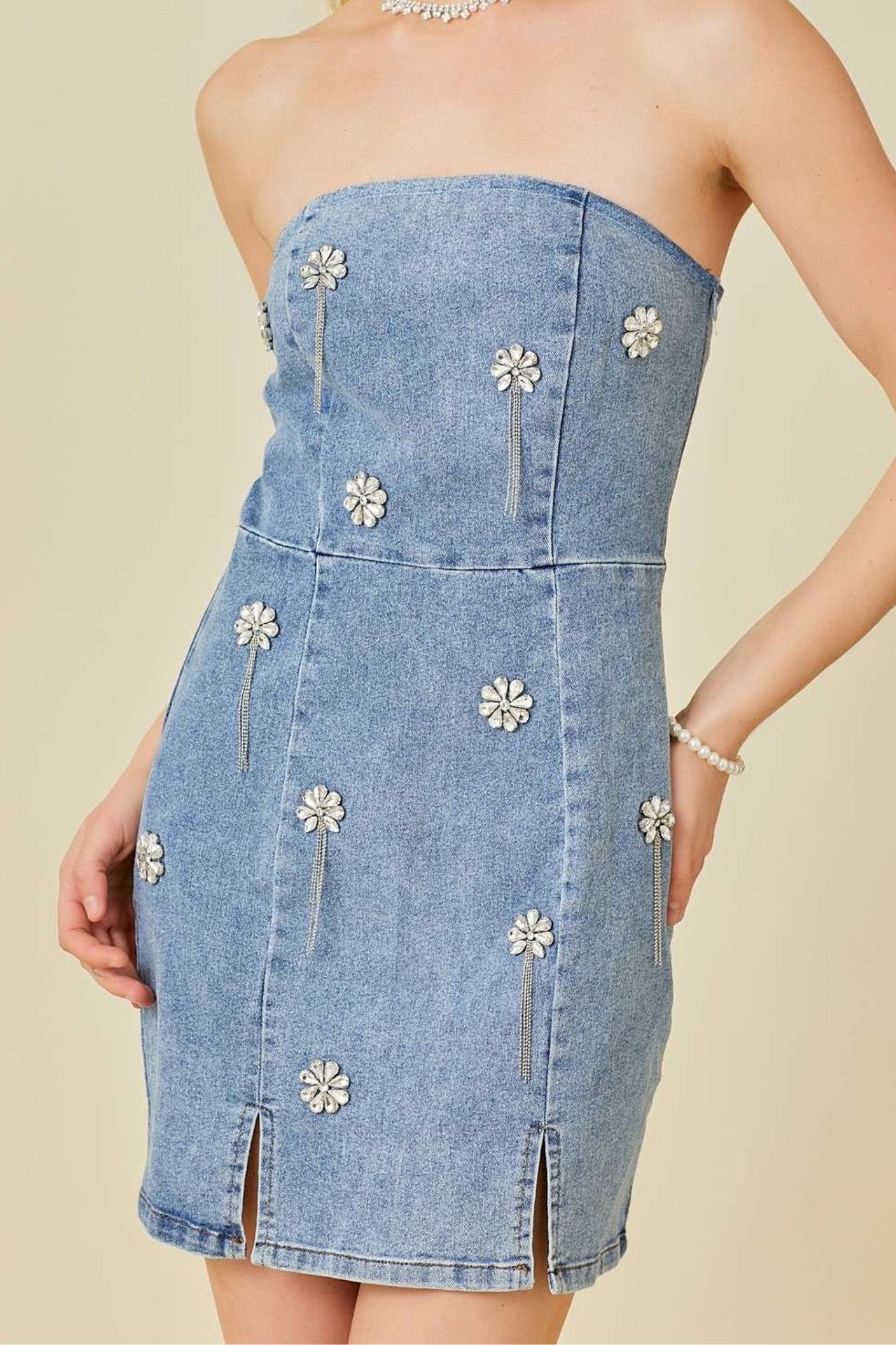 Main Strip: Falling Flower Stone Trim Denim Dress - J. Cole Shoes Denim / Large Main Strip: Falling Flower Stone Trim Denim Dress - J. Cole Shoes Denim / Large