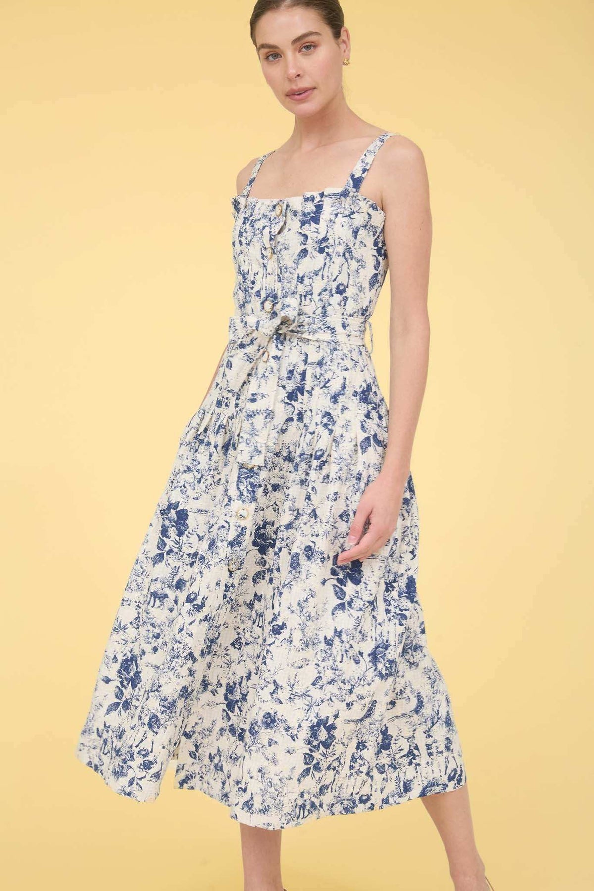 ZOE AND CLAIRE: SLEEVELESS NAVY FORSET PRINTED DRESS