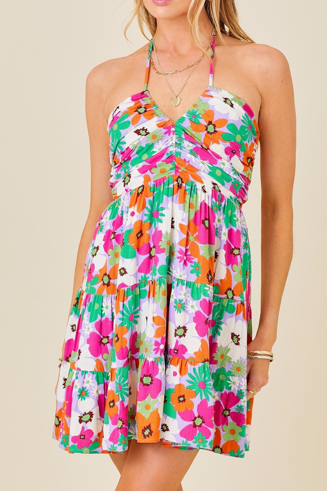 day wear dresses Day + moon: floral print hauler neck tie multi tiered mini dress