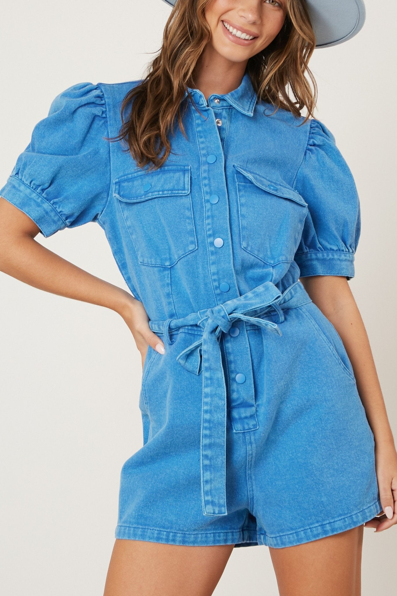 Peach Love: Washed Twill Denim Puff Sleeve Romper - J. Cole Shoes L / Washed Blue