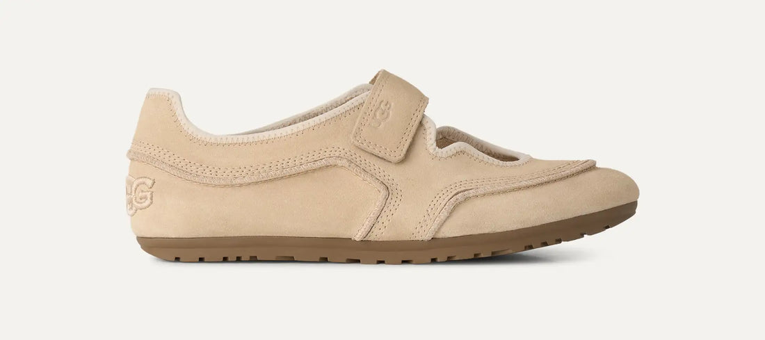 Beige UGG Quill Mary Jane suede shoe with a hook-and-loop strap closure.