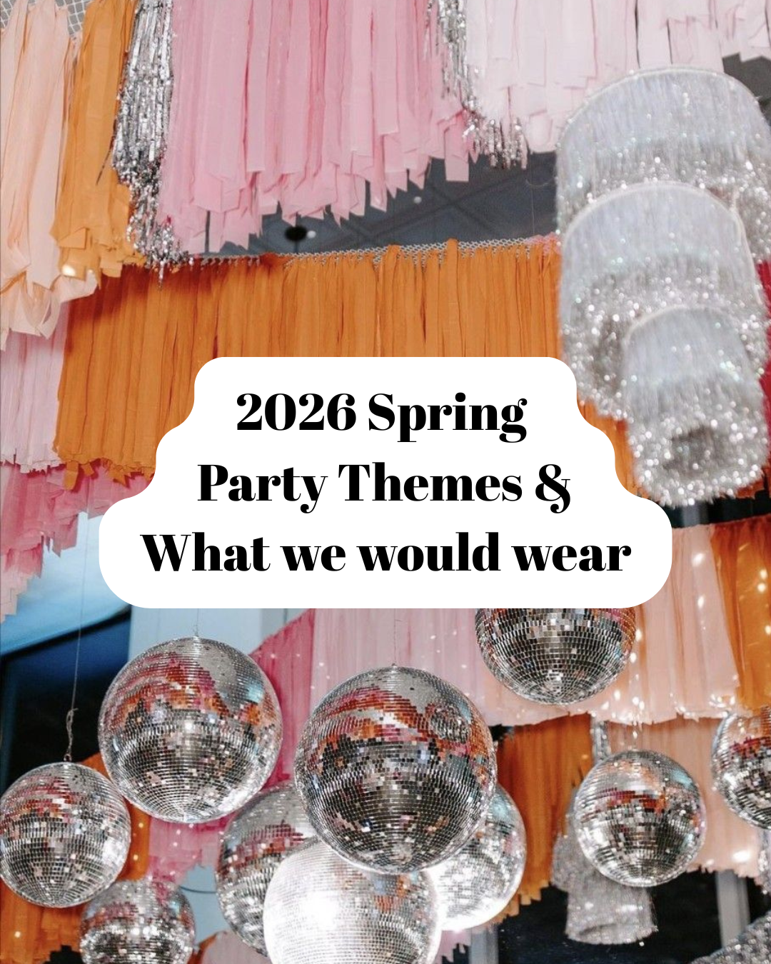 Festive party decorations with pink and orange tassels and shimmering disco balls.