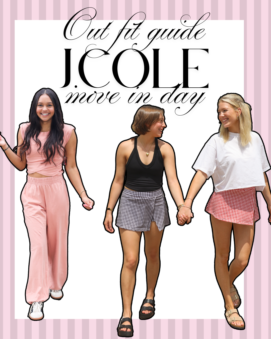 Three women wearing casual move-in day outfits: pink lounge set, black tank with gingham skirt, and white tee with red checkered skirt.
