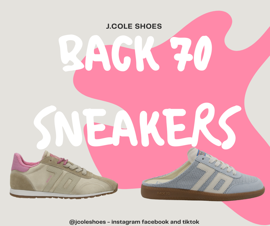 Two pairs of slim retro Back 70 sneakers in beige and blue against a pink background.