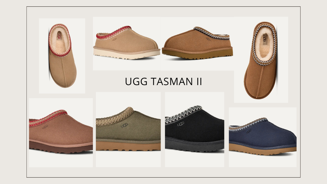 Multiple color options of UGG Tasman II slip-on shoes displayed in a grid layout.