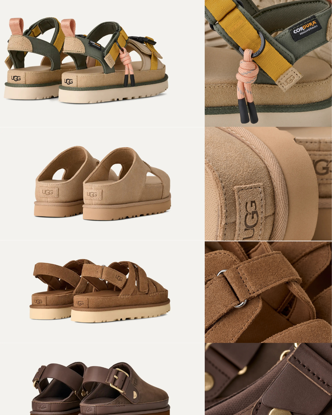 Collage of UGG Goldenstar platform sandals in olive green, tan, and brown colors.