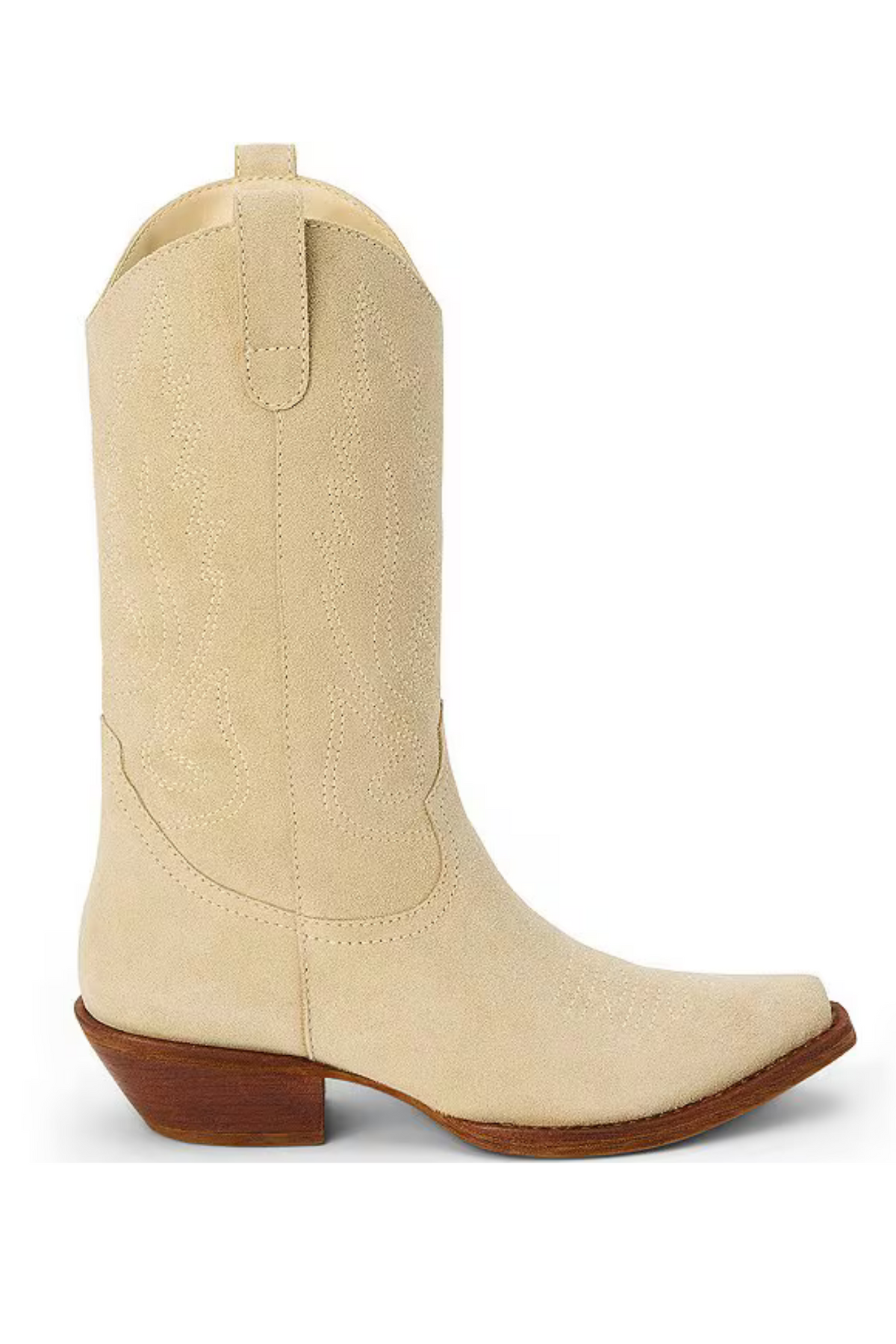 Beige suede pointed-toe western boot with decorative stitching and brown block heel