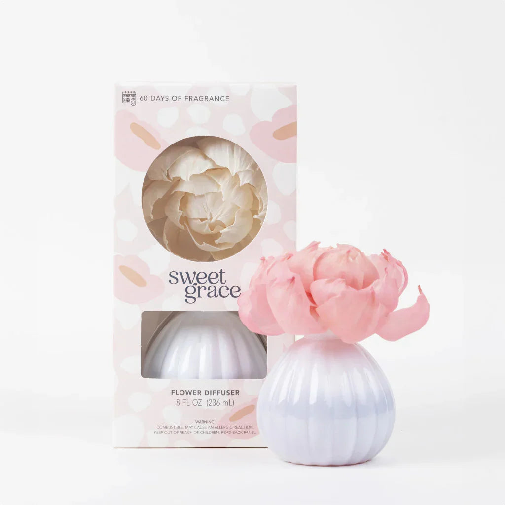 Sweet Grace flower diffuser with a pink peony-shaped scent diffuser and packaging.