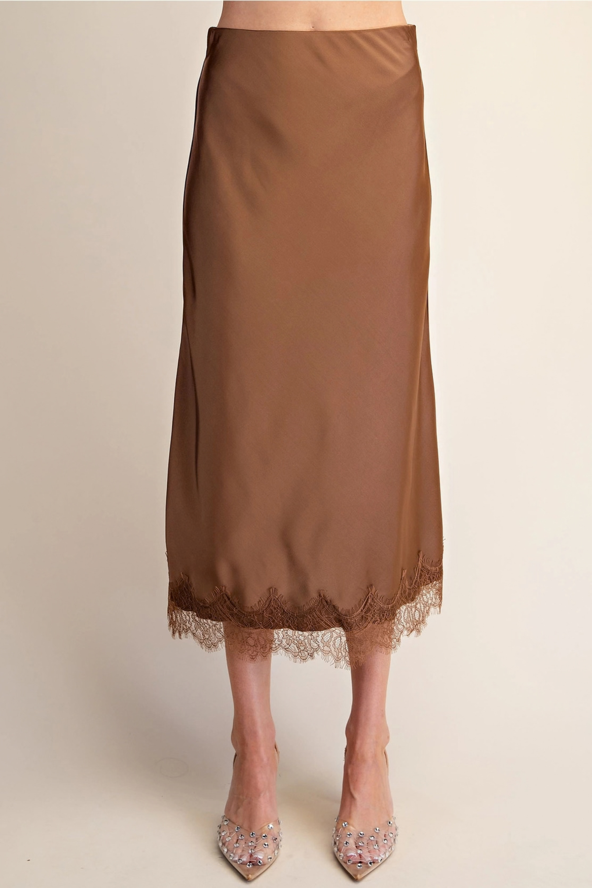Glam Women's Satin Lace Skirt in Mocha at J.Cole Shoes