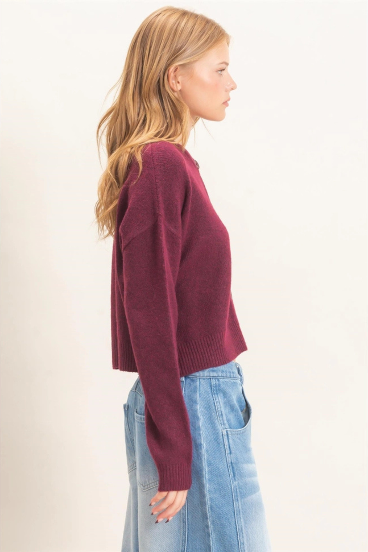 burgundy button down sweater