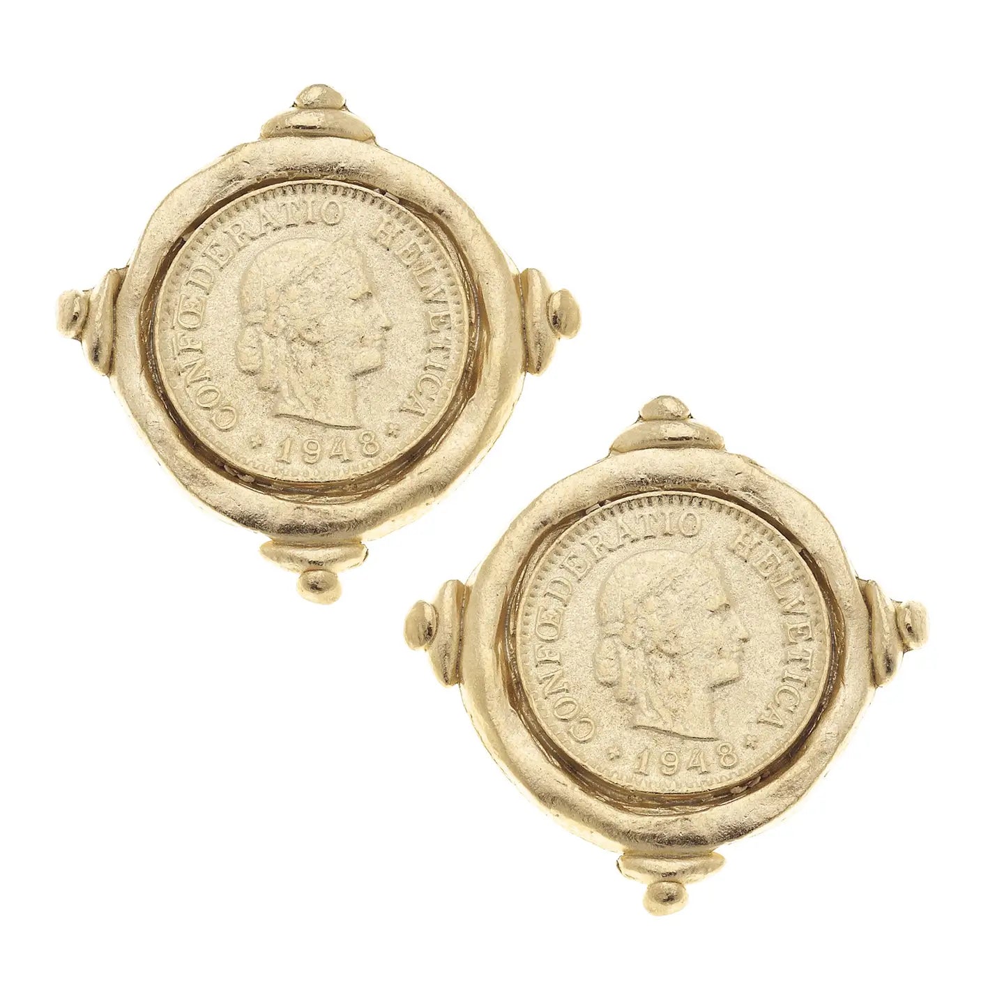 Susan Shaw: Gold Intaglio Coin Pierced Earrings