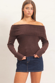 Double Zero Women's Off-Shoulder Sweater in Dark Brown