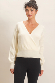 Double Zero Women's Wrap V Neck Sweater in Cream