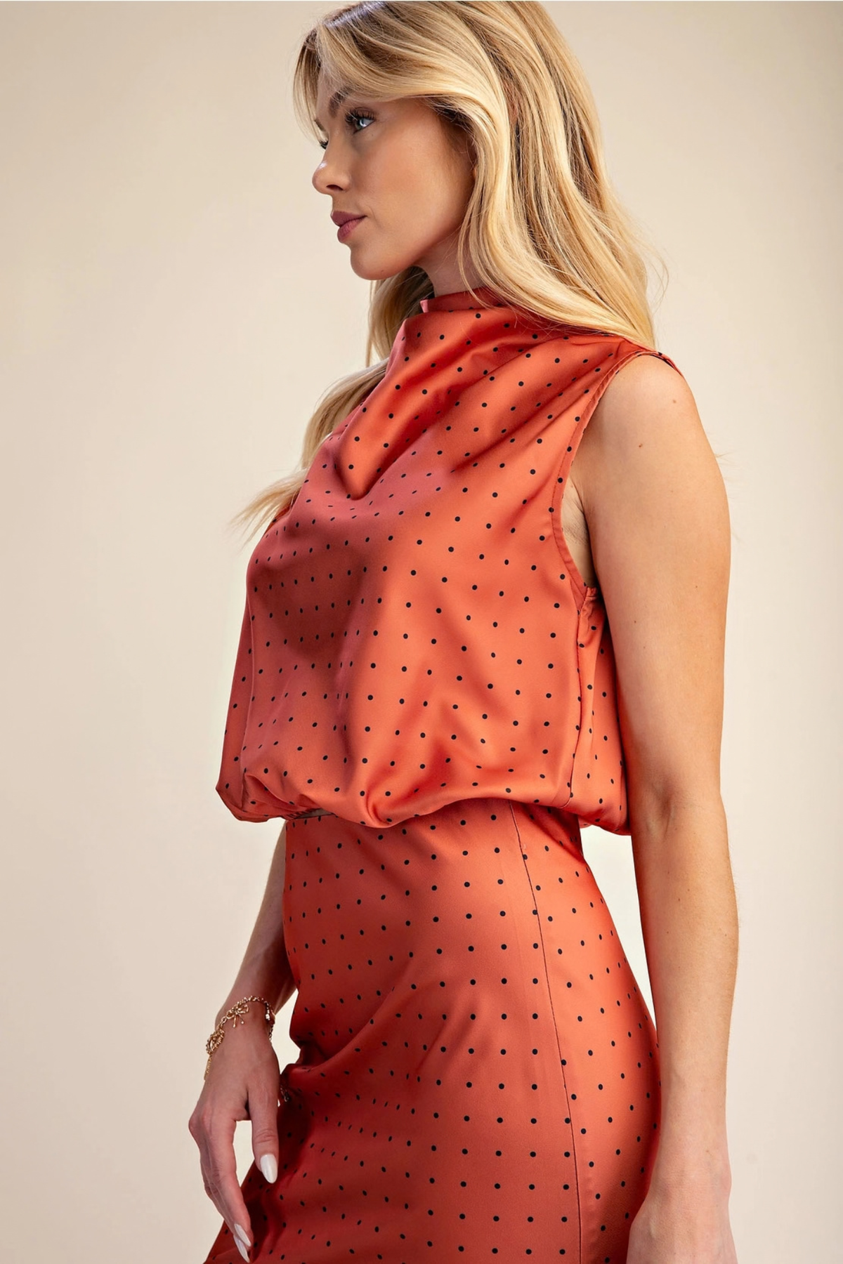 Glam Women's Mock Neck Sleeveless Polka Dot Top in Rust at J.cole Shoes