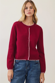 TCEC Women's Contrast Scalloped Trim Detail Soft Knit Top in Burgundy