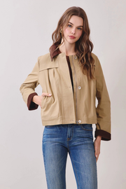 TCEC Women's Contrast Corduroy Zip Up Front Cropped Jacket in Khaki