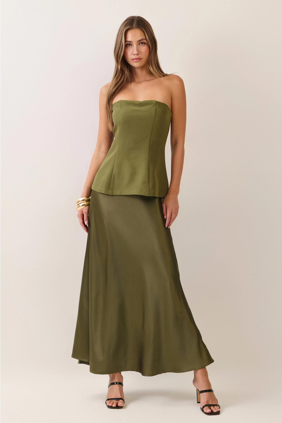 TCEC Women's Strapless Corset Bodice Satin Maxi Dress in Olive