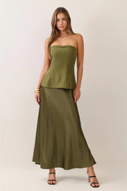 TCEC Women's Strapless Corset Bodice Satin Maxi Dress in Olive