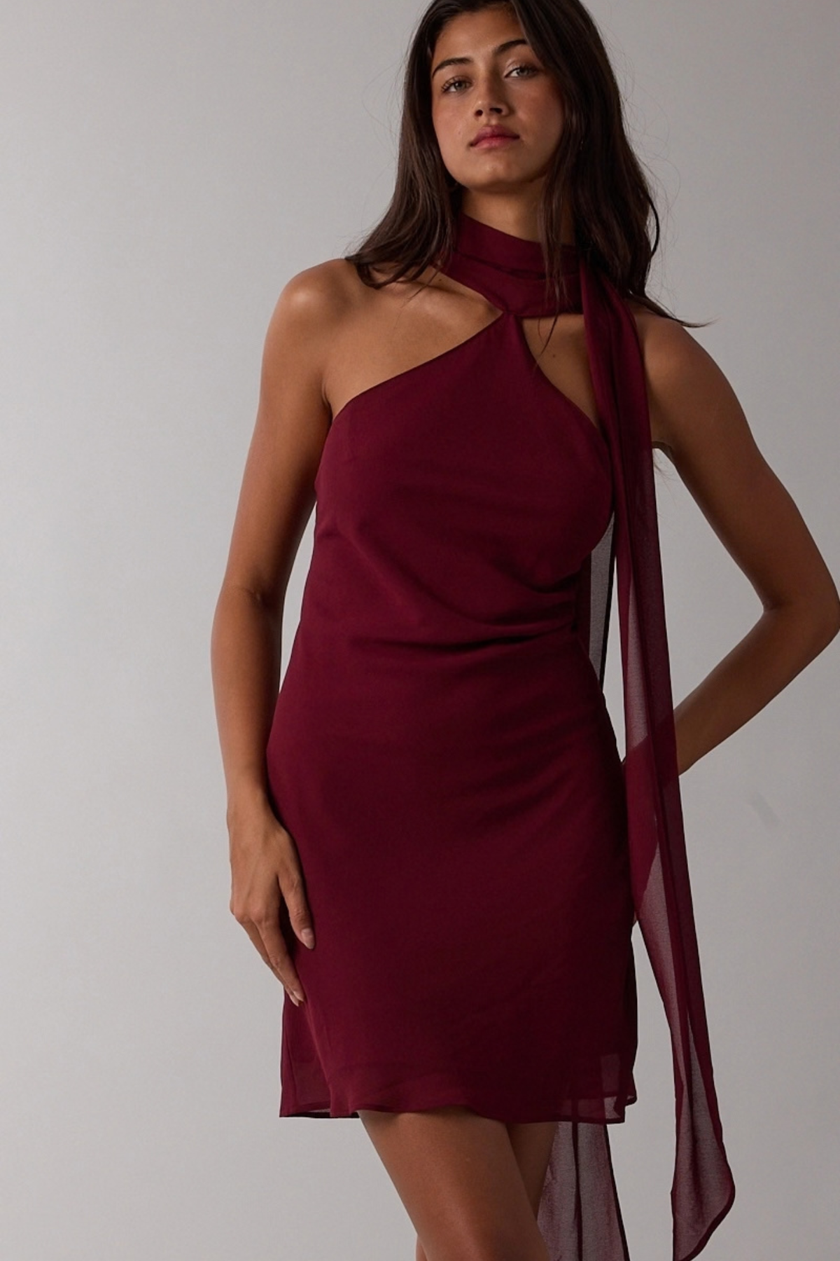 Sky to Moon Women's Sheer Long Scarf Open Back Bias Cut Mini Dress in Plum