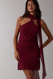 Sky to Moon Women's Sheer Long Scarf Open Back Bias Cut Mini Dress in Plum