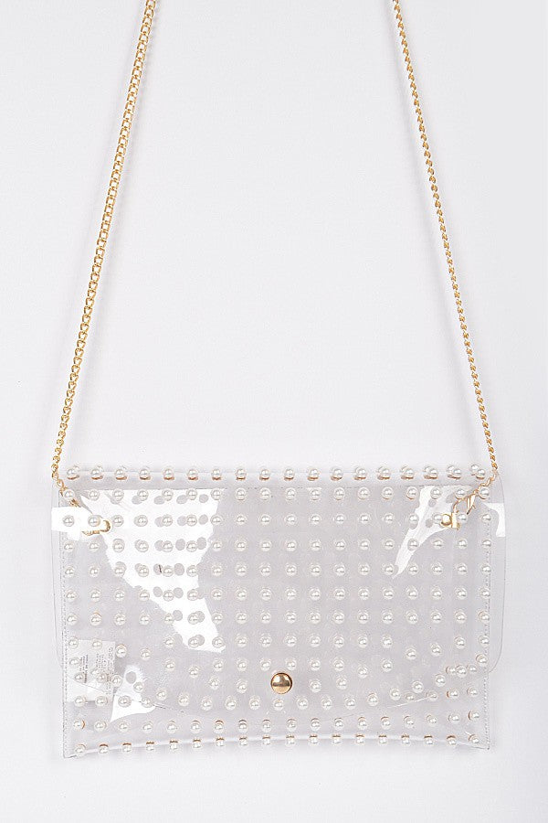 Pearl Studded Transparent Envelope Clutch
