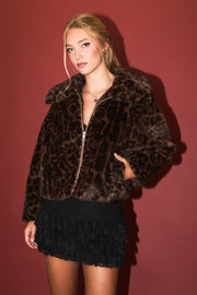 Le Lis: Collared Brown Animal Print Faux Fur Jacket