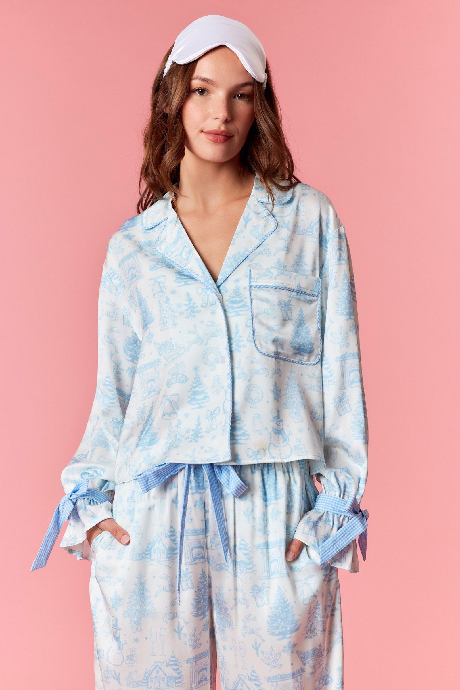 Peach Love: Christmas Satin PJ Set in Light Blue
