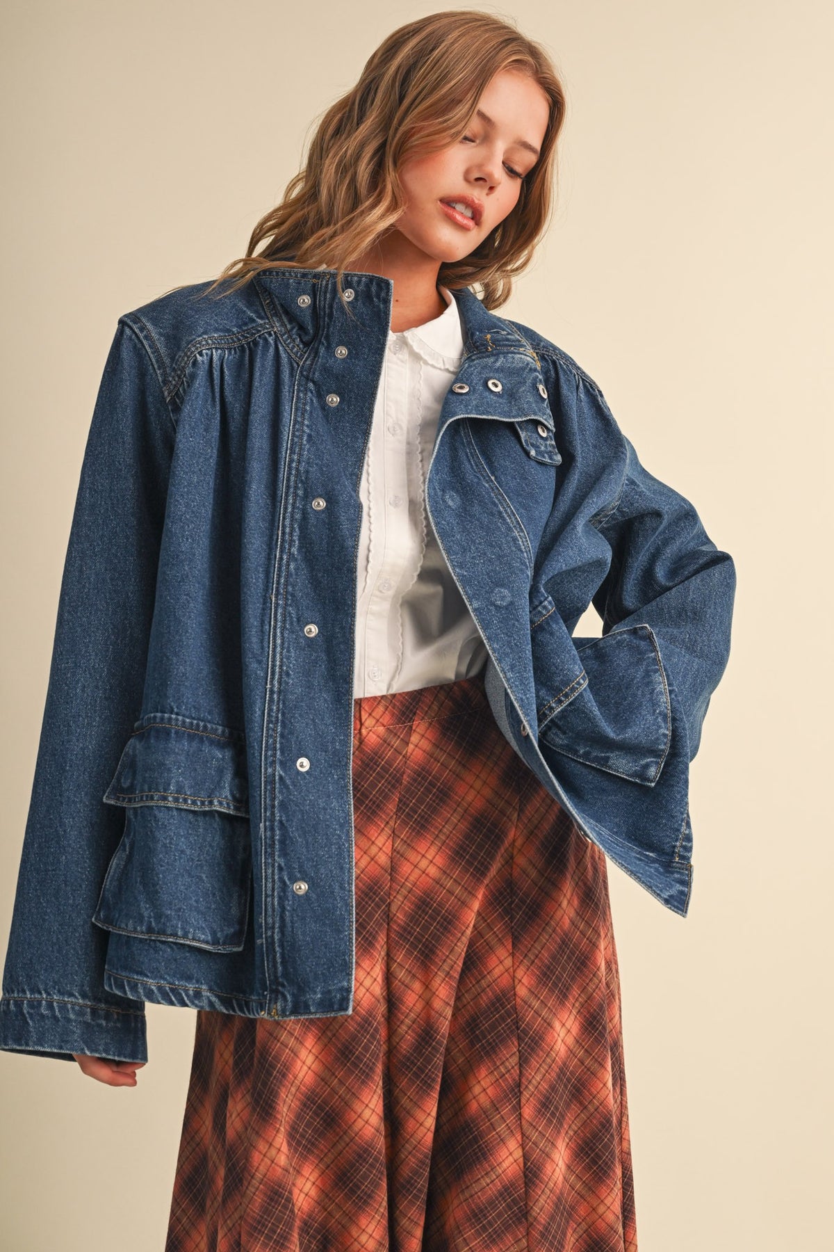 &Merci Women's Denim Stand Collar Utility Jacket