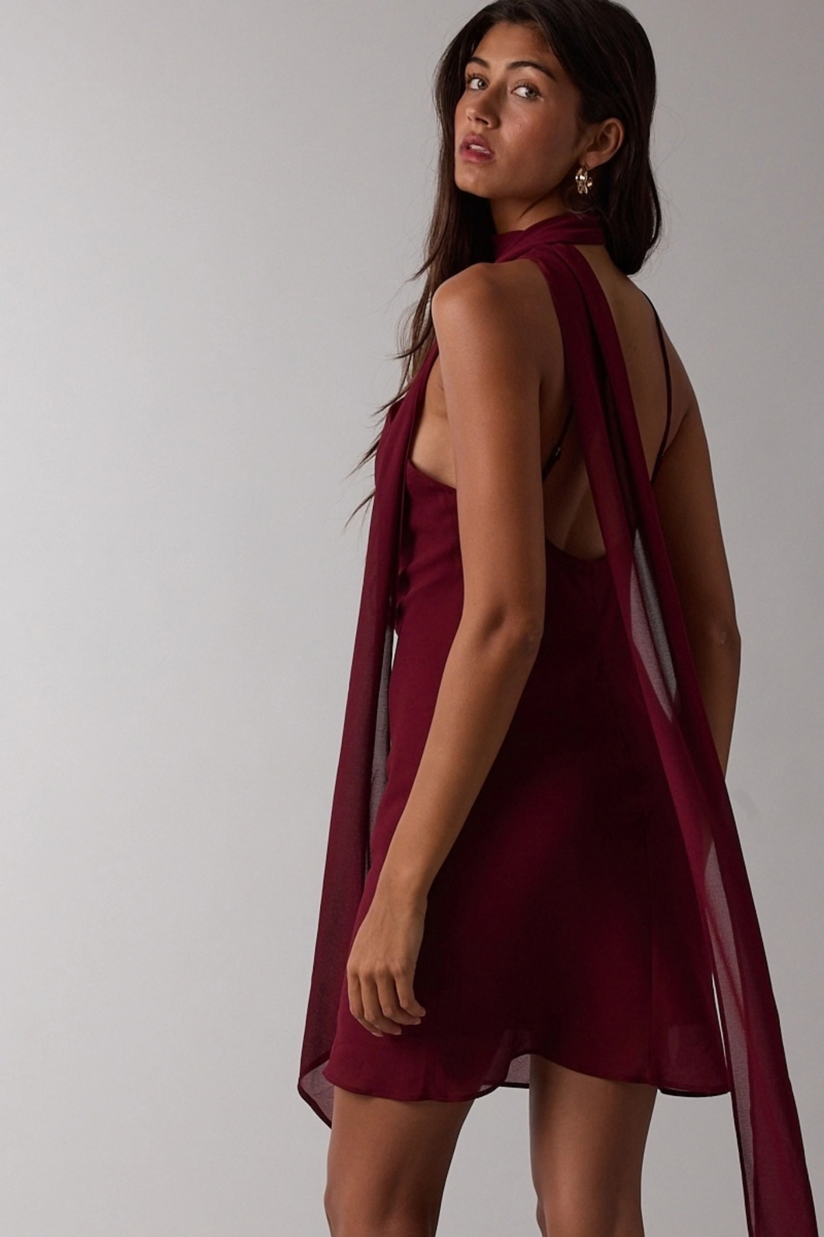 Sky to Moon Women's Sheer Long Scarf Open Back Bias Cut Mini Dress in Plum