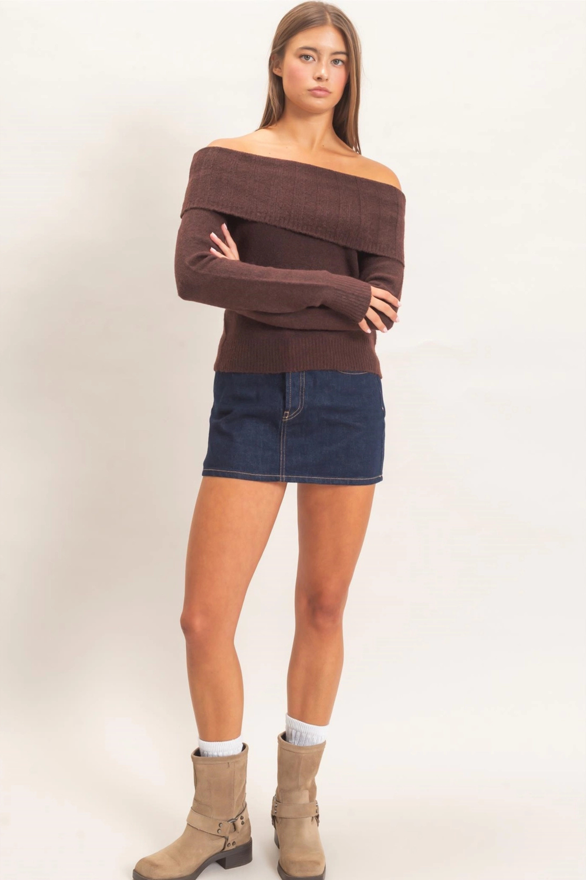 Double Zero Women's Off-Shoulder Sweater in Dark Brown
