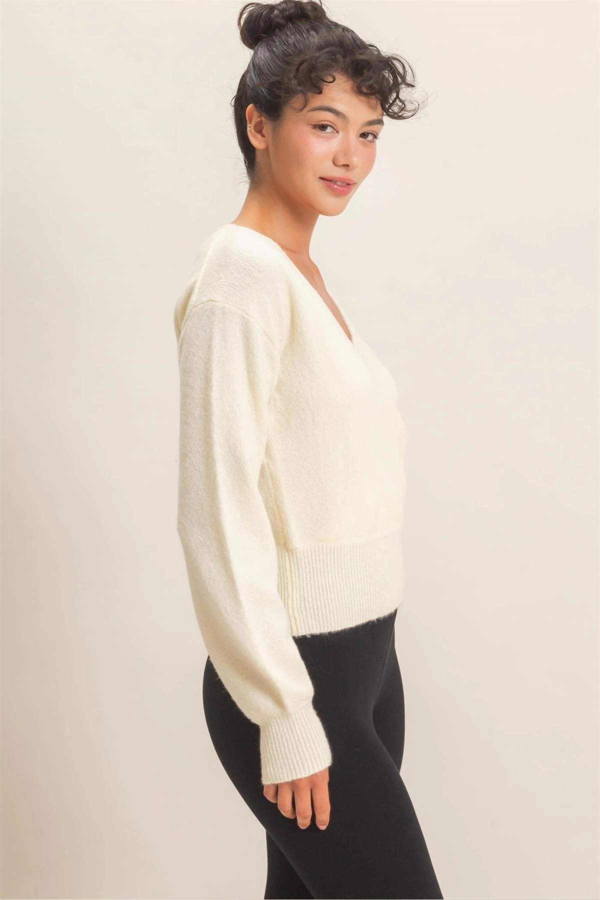 Double Zero Women's Wrap V Neck Sweater in Cream