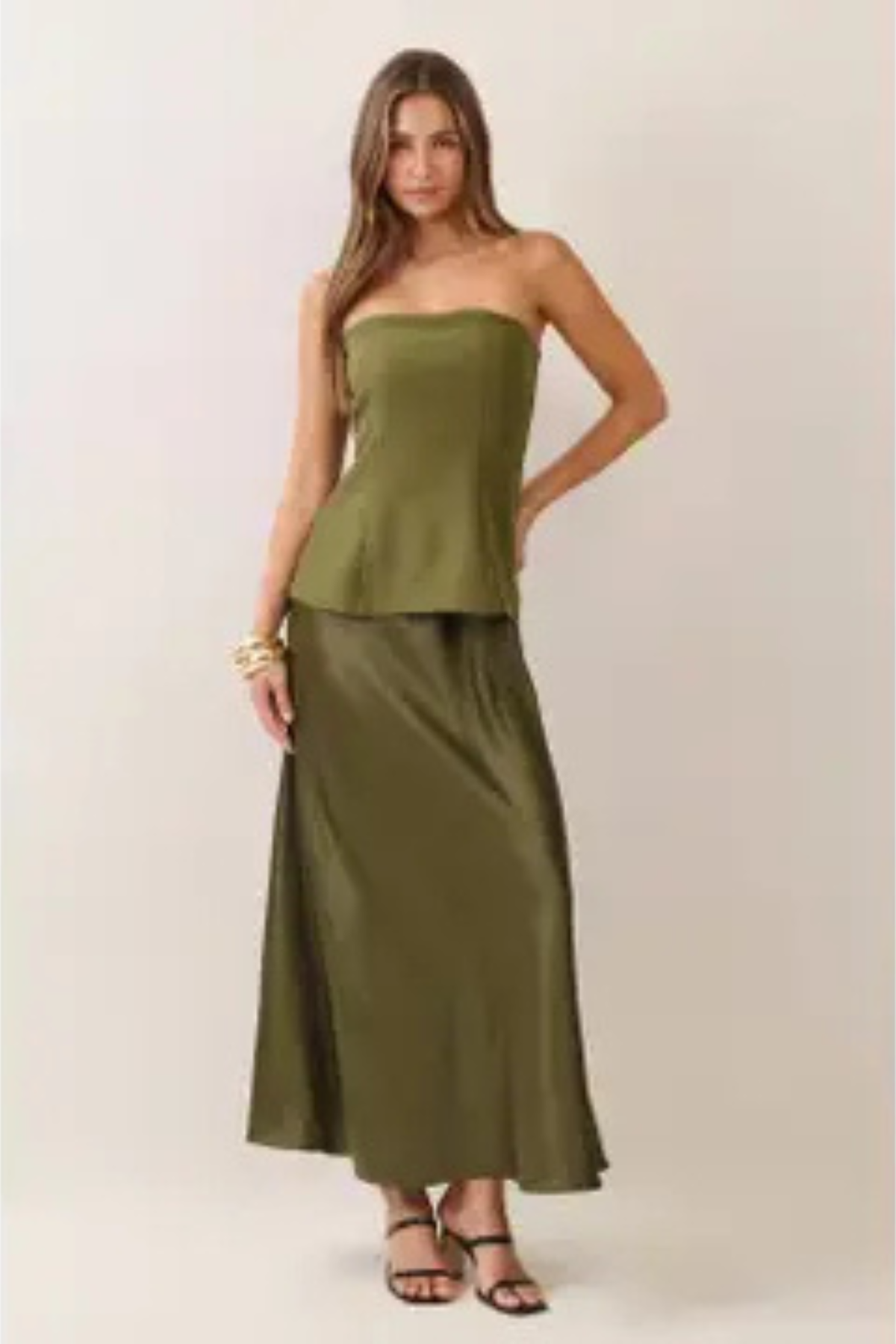 TCEC Women's Strapless Corset Bodice Satin Maxi Dress in Olive