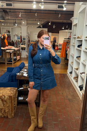 TCEC Women's Long Sleeve Denim Belted Dress