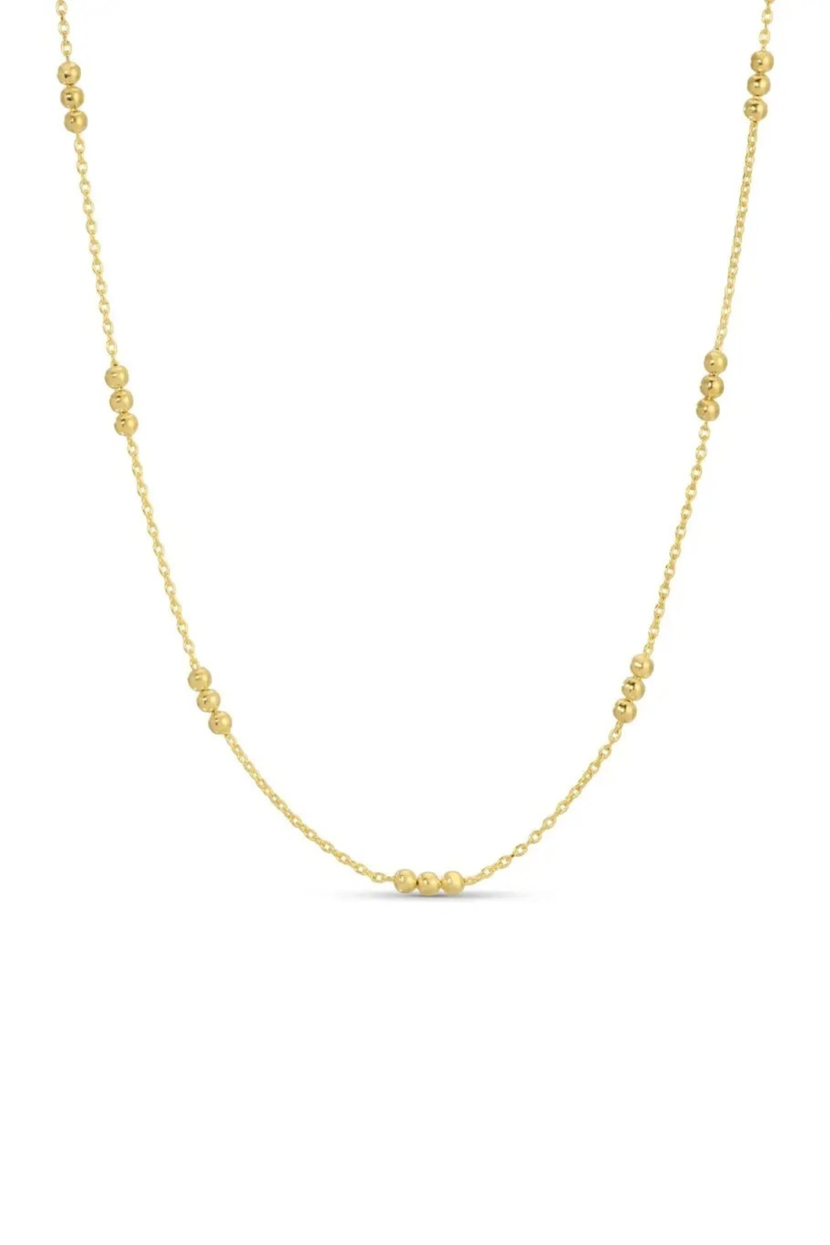 A delicate gold chain necklace featuring small, evenly spaced textured gold beads, displayed against a clean white background.