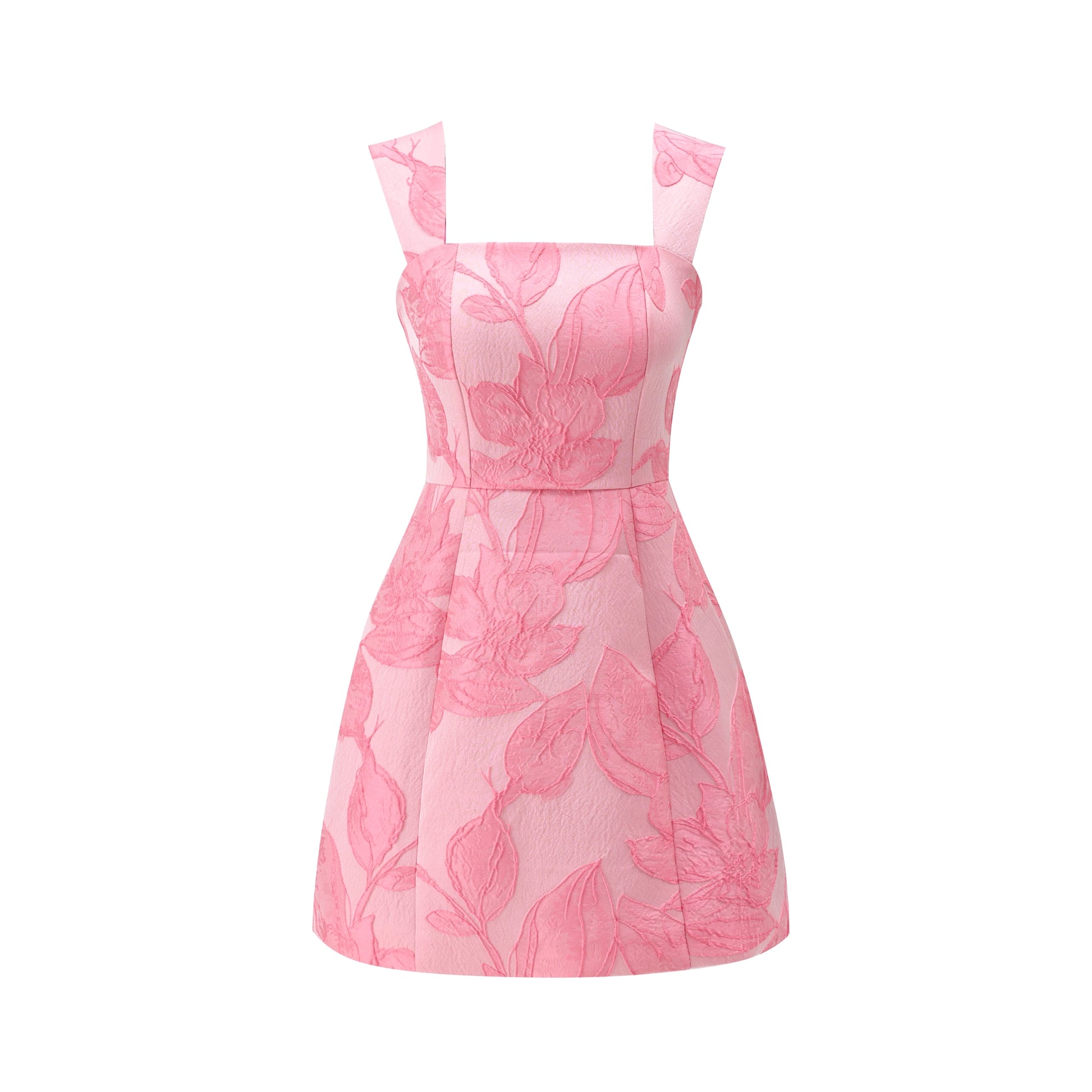 A woman viewed from the back wearing a sleeveless pink dress with a floral leaf pattern and a structured, flared silhouette against a plain white background.