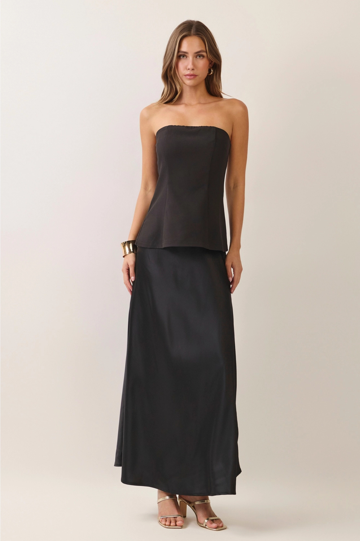 TCEC Women's Strapless Corset Bodice Satin Maxi Dress in Black