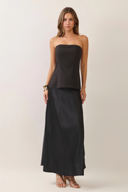 TCEC Women's Strapless Corset Bodice Satin Maxi Dress in Black